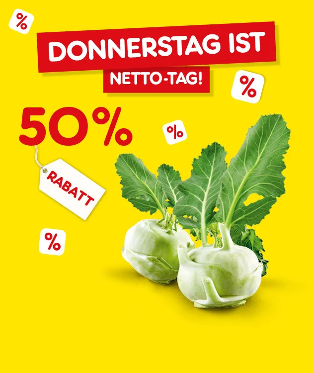 Diese Grafik zeigt auf gelbem Hintergrund mit kleinen Prozent-Symbolen den roten Hinweis &bdquo;Donnerstag ist Netto-Tag!&ldquo; sowie den gro&szlig;en Text &bdquo;f&uuml;nfzig Prozent Rabatt&ldquo;. Daneben ist ein Rabatt-Anh&auml;nger mit der Aufschrift &bdquo;Rabatt&ldquo; zu sehen. Rechts sind zwei Kohlrabi mit gr&uuml;nen Bl&auml;ttern abgebildet. Ganz unten l&auml;dt ein Button mit der Aufschrift &bdquo;Weitere Knaller-Angebote&ldquo; zum Klicken ein.