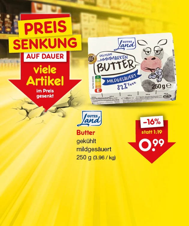 Bild zeigt eine Auswahl von Produkten vor einem gelben Hintergrund. Oben steht der Text "DIE GRÖSSTE PREISSENKUNG ALLER ZEITEN? WIR SIND DABEI! Über 500 Artikel im Preis gesenkt!". Zu sehen sind eine Flasche Rotwein, eine Packung Spargel, Müsli, Schokolade und weitere Lebensmittel. Unten befindet sich ein Button mit der Aufschrift "Preisgesenkte Angebote entdecken".
