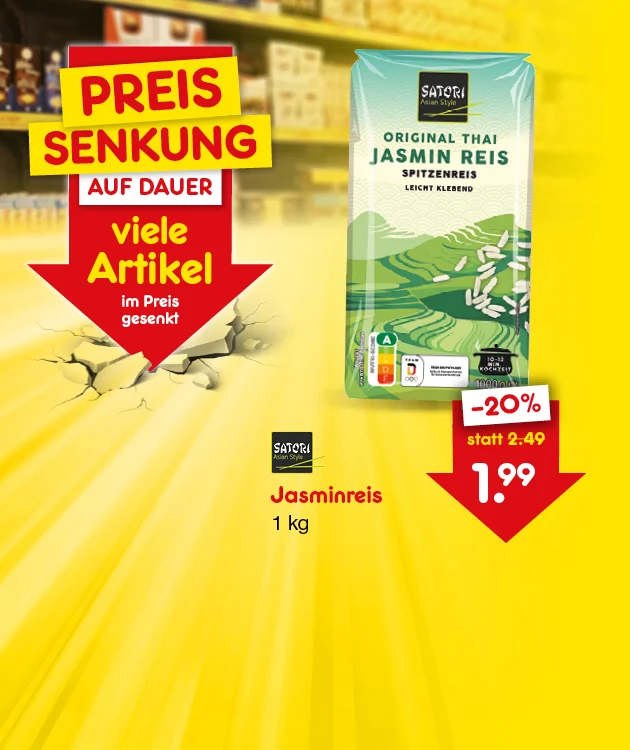 Das Bild zeigt Bonrisi Jasminreis mit einem Hinweis auf eine Preissenkung auf Dauer und das viele Artikel im Preis gesenkt sind.