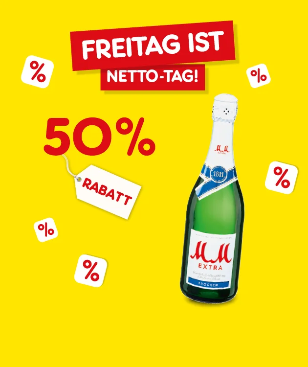 Gelber Hintergrund mit Prozentzeichen. Oben rote Schilder &bdquo;Freitag ist&ldquo; und &bdquo;Netto-Tag!&ldquo;. Gro&szlig; &bdquo;f&uuml;nfzig Prozent Rabatt&ldquo;; daneben eine Flasche &bdquo;MM Extra&ldquo; und ein kleines Schild &bdquo;Rabatt&ldquo;. Unten ein Button &bdquo;Weitere Knaller-Angebote&ldquo;, der zum Klicken einl&auml;dt.