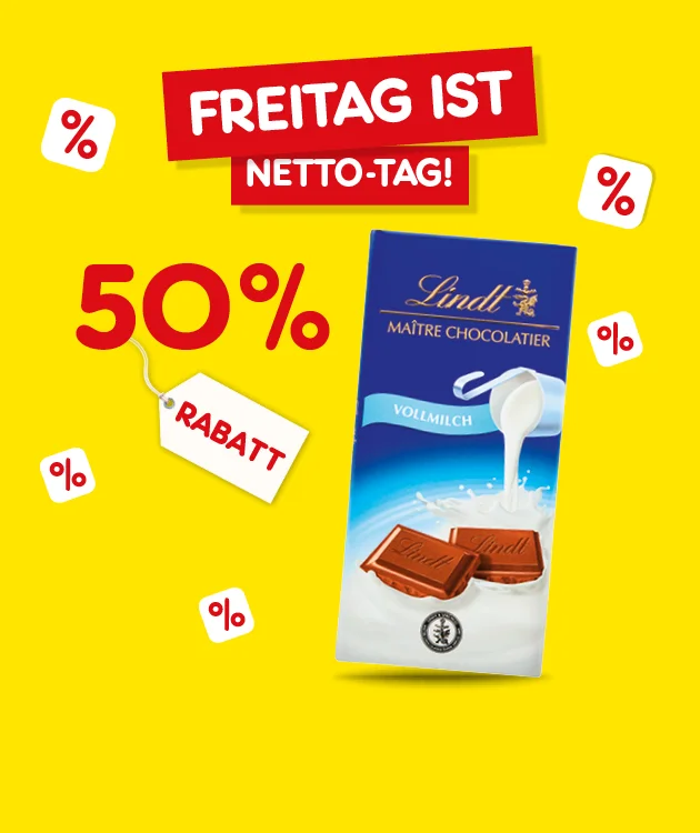 Diese Grafik zeigt einen gelben Hintergrund mit kleinen Prozentzeichen. Oben steht als Headline &bdquo;Freitag ist Netto-Tag!&ldquo;. Links steht gro&szlig; &bdquo;f&uuml;nfzig Prozent Rabatt&ldquo; mit einem &bdquo;Rabatt&ldquo;-Anh&auml;nger. Rechts ist eine Tafel &bdquo;Lindt Milch Chocolaterie Vollmilch&ldquo; mit abgebildeten Schokoladenst&uuml;cken zu sehen. Ganz unten ist ein Button &bdquo;Weitere Kracher-Angebote&ldquo;, der zum Klicken einl&auml;dt.