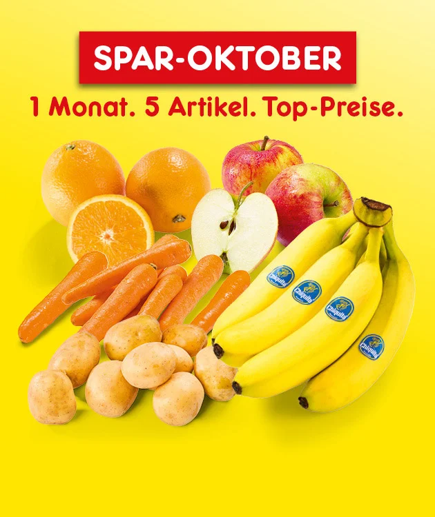 Diese Grafik zeigt auf gelbem Hintergrund oben den Schriftzug &bdquo;Spar-Oktober&ldquo; sowie den Zusatz &bdquo;1 Monat. 5 Artikel. Top-Preise.&ldquo;. Darunter ist eine Auswahl an Obst und Gem&uuml;se abgebildet, darunter Orangen, &Auml;pfel, Karotten, Kartoffeln und Bananen. Unten in der Mitte l&auml;dt ein Button mit der Aufschrift &bdquo;Weitere Sparangebote entdecken&ldquo; zum Klicken ein.