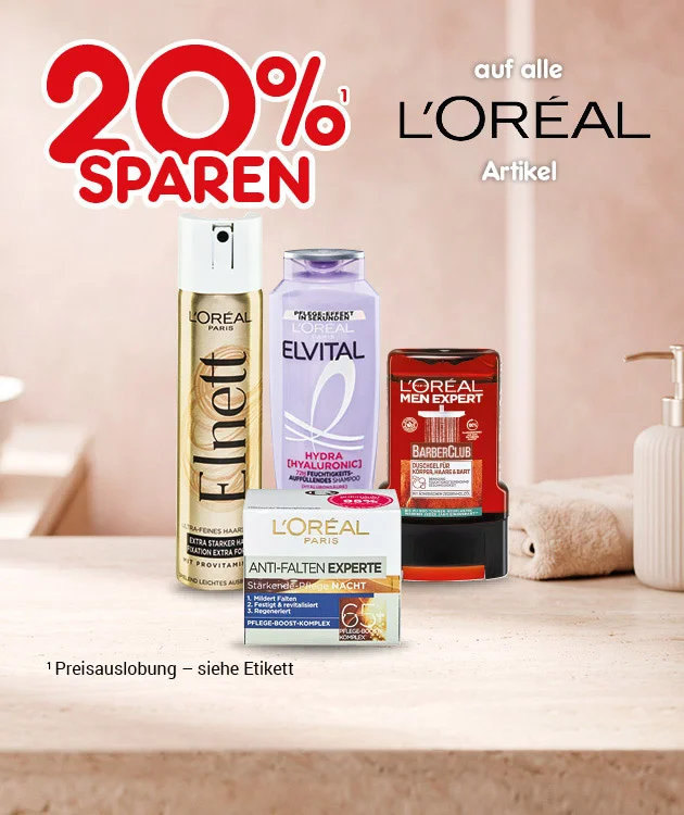 Diese Grafik zeigt auf hellem Hintergrund den Hinweis &bdquo;zwanzig Prozent sparen&ldquo; auf alle Artikel der Marke &bdquo;L&rsquo;Or&eacute;al&ldquo;. Abgebildet sind verschiedene Pflege- und Stylingprodukte der Marken &bdquo;L&rsquo;Or&eacute;al Elvital&ldquo;, &bdquo;L&rsquo;Or&eacute;al Men Expert&ldquo; und &bdquo;Elnett&ldquo;. Unten links steht der Sternchentext &bdquo;Preisauslobung &ndash; siehe Etikett&ldquo;. Ganz unten l&auml;dt ein Button mit der Aufschrift &bdquo;Weitere Sparangebote entdecken&ldquo; zum Klicken ein.