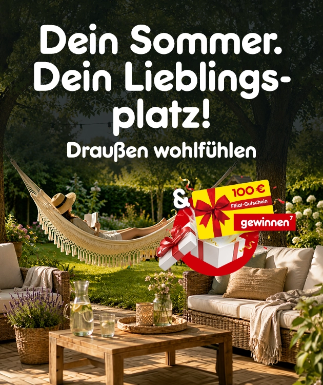 Dein Sommer. Dein Lieblingsplatz! Drau&szlig;en wohlf&uuml;hlen und 100 &euro; Filialgutschein gewinnen bei Netto-Online mit Hochzahl 7 verweisend auf Rechtstexte.