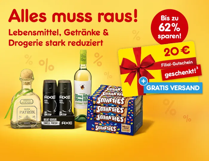 ALles muss raus! Lebensmittel, Getr&auml;nke & Drogerie stark reduziert bis zu 62 % sparen! + 20 &euro; Filialgutschein mit gratis Versand