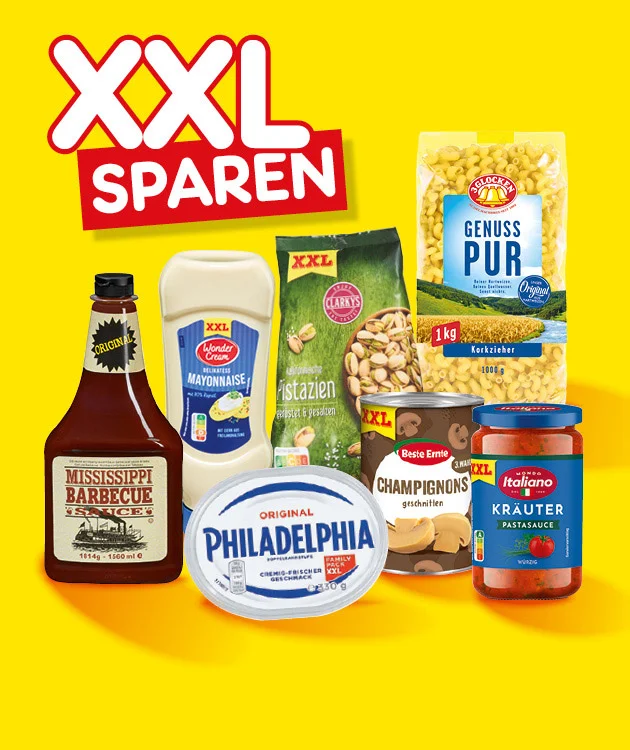 Gelber Hintergrund. Gro&szlig;e &Uuml;berschrift &bdquo;XXL sparen&ldquo;. Abgebildet sind XXL-Produkte: Mississippi Barbecue Sauce, Wonder-Cream Mayonnaise, Clarkys Pistazien, Original Philadelphia Frischk&auml;se, Beste Ernte Champignons geschnitten und Italiano Kr&auml;uter Pastasauce. Unten mittig ein wei&szlig;er Button mit rotem Rand und roter Schrift: &bdquo;Jetzt Angebote entdecken&ldquo;, der zum Klicken einl&auml;dt.