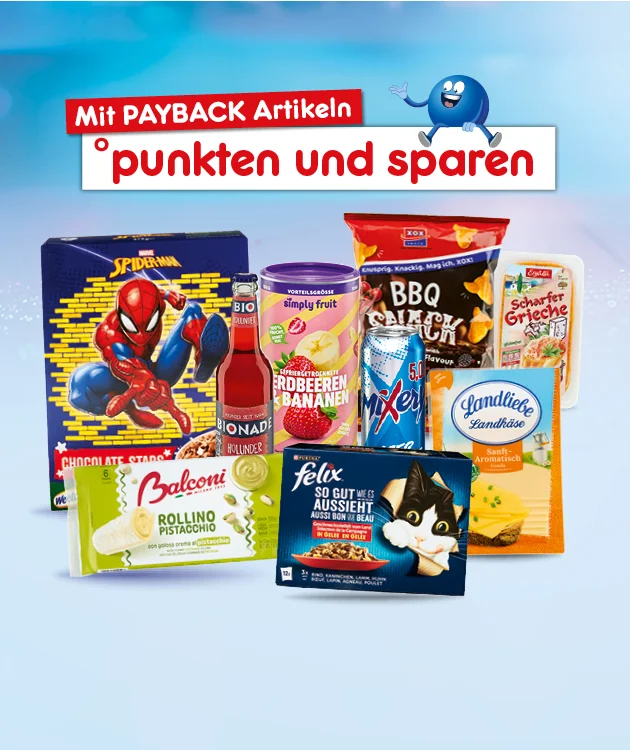 Auf dem Bild sieht man eine hellblaue PAYBACK-Werbegrafik mit dem Hinweis Mit PAYBACK Artikeln punkten und sparen. Daneben ist eine kleine blaue PAYBACK-Figur zu sehen. Abgebildet sind verschiedene Produkte aus dem Sortiment, darunter S&uuml;&szlig;waren, Eis, Katzenfutter, K&auml;se und weitere Lebensmittel. Unten befindet sich ein wei&szlig;er Button mit roter Umrandung und dem Text Jetzt Angebote entdecken.