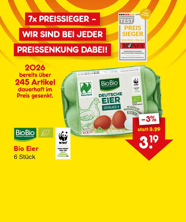 Eine Grafik mit gelbem Hintergrund, darauf ist mit roter &Uuml;berschrift &bdquo;7x Preissieger &ndash; Wir sind bei jeder Preissenkung dabei!&ldquo; zu sehen. Es wird darauf hingewiesen, dass 2026 bereits &uuml;ber 245 Artikel dauerhaft im Preis gesenkt wurden. Abgebildet ist eine gr&uuml;ne Sechserpackung &bdquo;BioBio Deutsche Eier&ldquo; mit Bio- und WWF-Logo. Rechts unten wird der reduzierte Preis von 3,19 &euro; (&ndash;3 %) statt 3,29 &euro; hervorgehoben. Links ist ein &bdquo;Deutschland Test Preissieger&ldquo;-Siegel von Focus Money zu sehen.