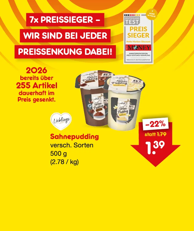 Eine gelbe Grafik zeigt: &bdquo;siebenmal Preissieger &ndash; wir sind bei jeder Preissenkung dabei!&ldquo; Auszeichnung &bdquo;Deutschland Test: Preissieger&ldquo; f&uuml;r Netto Marken-Discount. Hinweis: &bdquo;zweitausendsechsundzwanzig bereits &uuml;ber zweihundertf&uuml;nfundf&uuml;nfzig Artikel dauerhaft im Preis gesenkt.&ldquo; Produktabbildung: &bdquo;Lieblings Sahnepudding, verschiedene Sorten, f&uuml;nfhundert Gramm, zwei Euro achtundsiebzig pro Kilogramm.&ldquo; Preissenkung: &bdquo;minus zweiundzwanzig Prozent, statt ein Euro neunundsiebzig, jetzt ein Euro neununddrei&szlig;ig.&ldquo; Unten ein Button: &bdquo;Weitere preisgesenkte Artikel&ldquo; &ndash; l&auml;dt zum Klicken ein.