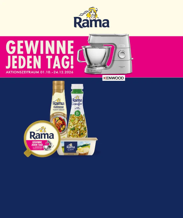Diese Grafik zeigt auf einer Holzfl&auml;che einen Becher Rama &bdquo;einhundert Prozent nat&uuml;rliche Zutaten&ldquo; zum Streichen vor unscharfem K&uuml;chenhintergrund, oben steht in einem roten Banner &bdquo;Spar ganz nah&ldquo;, rechts stehen die Hinweise &bdquo;Rama&ldquo;, &bdquo;vierhundert Gramm&ldquo; und &bdquo;drei Euro achtundvierzig pro Kilogramm&ldquo;, daneben ein gelb-rotes Preisfeld mit &bdquo;minus neununddrei&szlig;ig Prozent&ldquo;, dem Preis &bdquo;ein Euro neununddrei&szlig;ig&ldquo; mit Sternchen und dem durchgestrichenen alten Preis &bdquo;zwei Euro neunundzwanzig&ldquo;. Der Sternchentext lautet: Auch bei Netto City erh&auml;ltlich, nicht in allen Sorten. Unten links ist ein Filial-Symbol zu sehen und unten l&auml;dt ein Button mit der Aufschrift &bdquo;Weitere Angebote entdecken&ldquo; zum Klicken ein.
