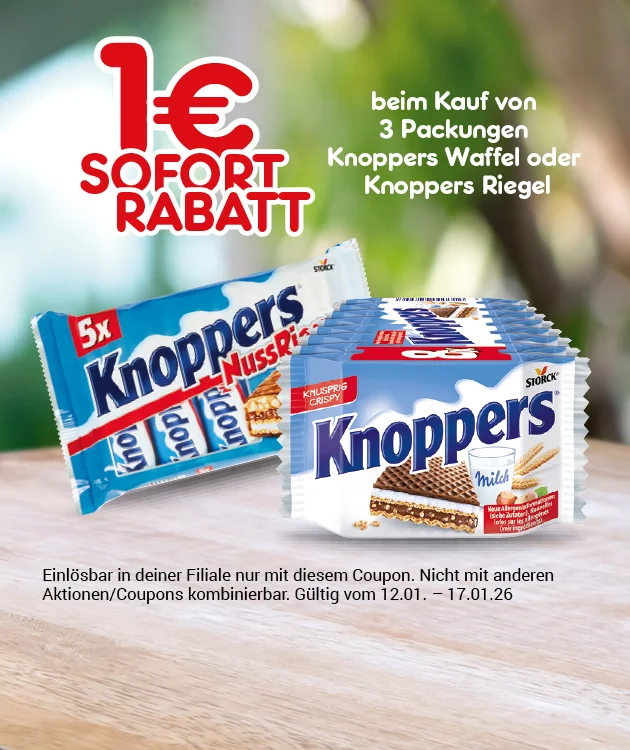 Zu sehen ist eine Produktabbildung von mehreren Knoppers-Riegeln auf Holzuntergrund. Oben steht &bdquo;ein Euro Sofortrabatt&ldquo;. Rechts daneben der Hinweis &bdquo;beim Kauf von drei Packungen Knoppers Waffel oder Knoppers Riegel&ldquo;. Unten steht ein Sternchentext mit Einl&ouml;sehinweis zum Coupon, Aktionszeitraum und der Information, dass der Rabatt nicht mit anderen Aktionen kombinierbar ist. Darunter ein Button &bdquo;Weitere Sparangebote entdecken&ldquo;.