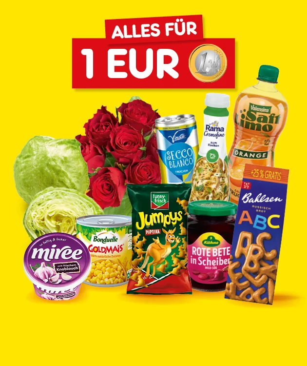 Gelber Hintergrund mit rotem Banner &bdquo;Alles f&uuml;r ein Euro&ldquo; und einer Euro-M&uuml;nze. Davor verschiedene Lebensmittel wie Kopfsalat, rote Rosen, Miree Frischk&auml;se, Landliebe Joghurt, Funny-Frisch Jumpys, Rote Bete in Scheiben, Balsamico-Essig, zwei Sorten Secco und Bahlsen ABC-Kekse. Unten ein wei&szlig;er Button mit rotem Rand und roter Schrift: &bdquo;Jetzt Angebote entdecken&ldquo;, der zum Klicken einl&auml;dt