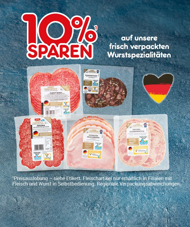 Auf dem Banner sieht man verschiedene verpackte Wurst- und Fleischprodukte vor blauem Hintergrund mit der Aufschrift &bdquo;10 % sparen auf unsere frisch verpackten Wurstspezialit&auml;ten&ldquo; und einem Button &bdquo;Weitere Sparangebote entdecken&ldquo;.