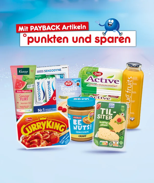 Diese Grafik zeigt auf hellblauem Hintergrund den Schriftzug &bdquo;Mit Payback Artikeln punkten und sparen&ldquo;, verschiedene Aktionsprodukte aus Pflege, Lebensmitteln und Getr&auml;nken sowie unten den Button &bdquo;Jetzt Angebote entdecken&ldquo;, der zum Klicken einl&auml;dt.