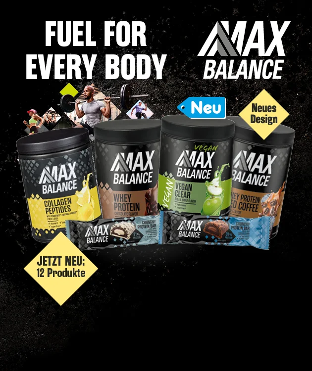 Dunkler, grafisch gemusterter Hintergrund. Gro&szlig;e Schrift &bdquo;Fuel for every body&ldquo; und Markenlogo &bdquo;Max Balance&ldquo;. Abgebildet sind mehrere &bdquo;Max Balance&ldquo;-Produkte  wie Dosen und Riegel, mit Hinweis &bdquo;Neu&ldquo; und &bdquo;Neues Design&ldquo; sowie Text &bdquo;Jetzt neu: zw&ouml;lf Produkte&ldquo;. Unten ein Button &bdquo;Weitere Angebote entdecken&ldquo;, der zum Klicken einl&auml;dt.