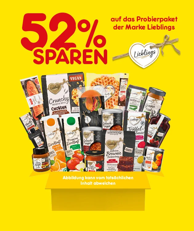 Gelbe Grafik mit gro&szlig;er Aufschrift &bdquo;zweiundf&uuml;nfzig Prozent sparen&ldquo; und kleinerem Text &bdquo;auf Probierpaket der Marke Lieblings&ldquo;. Daneben ein Herzanh&auml;nger mit der Aufschrift &bdquo;Lieblings&ldquo;. In einem gelben Karton stehen viele Produkte der Marke &bdquo;Lieblings&ldquo; (unter anderem Snacks, Getr&auml;nke, Aufstriche, So&szlig;en und Konserven). Unten ein Button mit der Aufschrift &bdquo;Hier mehr erfahren&ldquo;, der zum Klicken einl&auml;dt.