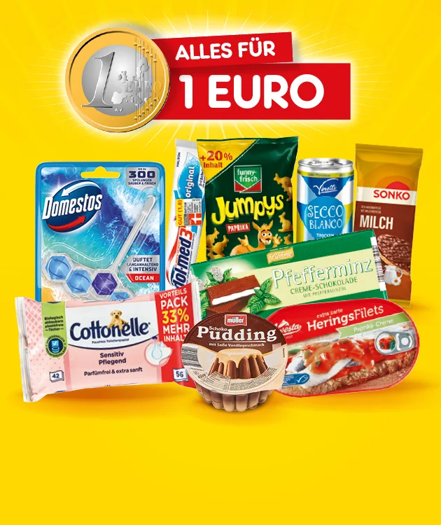 Die Grafik zeigt einen gelben Hintergrund mit Strahlen. Oben links ist eine gro&szlig;e Ein-Euro-M&uuml;nze zu sehen; daneben steht auf rotem Banner &bdquo;Alles f&uuml;r eins Euro&ldquo;. Darunter sind verschiedene Produkte abgebildet, darunter Domestos WC-Duftsteine, Cottonelle Feuchtt&uuml;cher &bdquo;sensitive & pflegend&ldquo;, ein Riegel &bdquo;Mr. Tom&ldquo;, Chips &bdquo;Jumpy&rsquo;s Paprika&ldquo; (mit Hinweis &bdquo;plus zwanzig Prozent&ldquo;), eine Dose &bdquo;Secco bianco&ldquo;, &bdquo;Sonko Milch&ldquo;-Reis, &bdquo;Pfefferminz&ldquo; Creme-Schokolade, &bdquo;Pudding&ldquo; und &bdquo;Heringsfilets&ldquo; in Paprika-Creme. Unten ein wei&szlig;er Button mit roter Umrandung &bdquo;Jetzt Angebote entdecken&ldquo;, der zum Klicken einl&auml;dt.