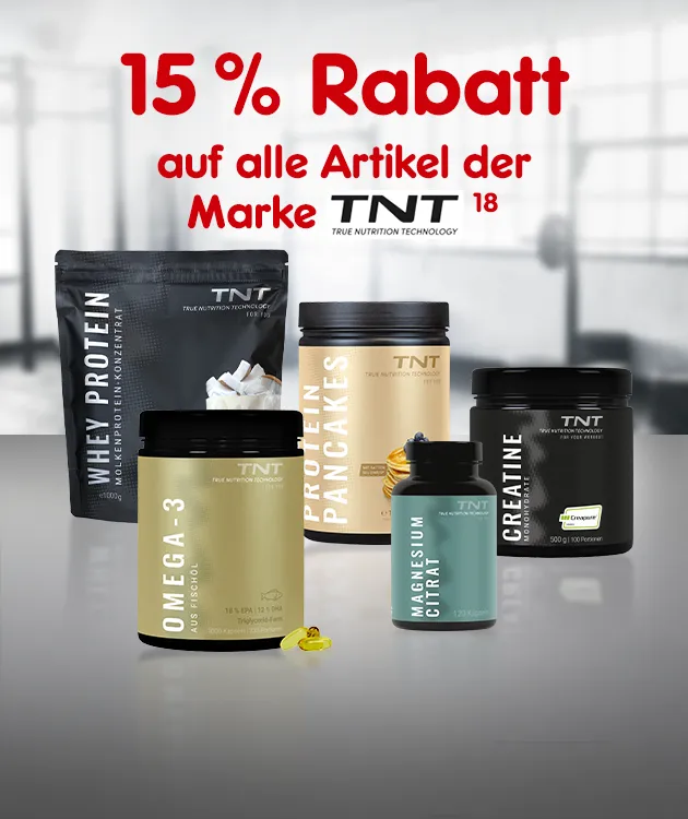 15 % Rabatt auf alle Artikel der Marke TNT hoch 18 verweisend auf Rechtstexte.