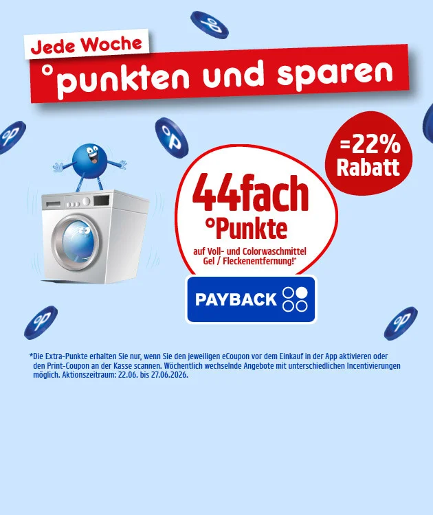 Diese Grafik zeigt einen hellblauen Hintergrund mit dem Schriftzug &bdquo;Jede Woche punkten und sparen&ldquo;. Rundherum schweben mehrere blaue PAYBACK-Punkte-Symbole, und links ist eine Waschmaschine mit zwei blauen Pointees zu sehen, einer oben auf der Maschine und einer im Bullauge. In der Mitte steht in einem roten Kreis: &bdquo;vierundvierzigfach Punkte auf Voll- und Colorwaschmittel Gel / Fleckenentfernung&ldquo;, darunter ist das PAYBACK-Logo zu sehen. Rechts steht in einem roten Kreis &bdquo;gleich zweiundzwanzig Prozent Rabatt&ldquo;. Unten steht in kleiner Schrift, dass die Extra-Punkte nur mit aktiviertem eCoupon in der App oder mit gescanntem Print-Coupon an der Kasse gelten, dass die Angebote w&ouml;chentlich wechseln k&ouml;nnen und dass der Aktionszeitraum vom zweiundzwanzigsten Juni bis zum siebenundzwanzigsten Juni zweitausendsechsundzwanzig l&auml;uft. Unten l&auml;dt der Button &bdquo;Hier mehr erfahren&ldquo; zum Klicken ein.