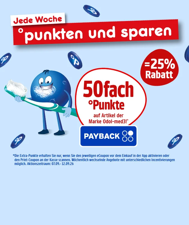 Diese Grafik zeigt auf hellblauem Hintergrund mit schwebenden blauen PAYBACK-Punkten oben links den Text &bdquo;Jede Woche&ldquo; und daneben auf einem roten Banner &bdquo;punkten und sparen&ldquo;. Links steht ein blauer Pointee und h&auml;lt eine Zahnb&uuml;rste in der Hand. Daneben sind ein gro&szlig;er wei&szlig;er Kreis mit rotem Rand und der Aufschrift &bdquo;f&uuml;nfzigfach Punkte auf Artikel der Marke Odol-med drei&ldquo; sowie ein roter Kreis mit &bdquo;minus f&uuml;nfundzwanzig Prozent Rabatt&ldquo; zu sehen, darunter das PAYBACK-Logo. Unten steht als Sternchentext in kleiner Schrift, dass die Extra-Punkte nur bei aktiviertem eCoupon vor dem Einkauf in der App oder mit Print-Coupon an der Kasse gelten, dass w&ouml;chentlich wechselnde Angebote mit unterschiedlichen Teilnahmebedingungen m&ouml;glich sind und ein Aktionszeitraum vom siebten September bis zum zw&ouml;lften September zweitausendsechsundzwanzig genannt ist. Ganz unten befindet sich ein wei&szlig;er Button mit roter Umrandung und der Aufschrift &bdquo;Hier mehr erfahren&ldquo;, der zum Klicken einl&auml;dt.