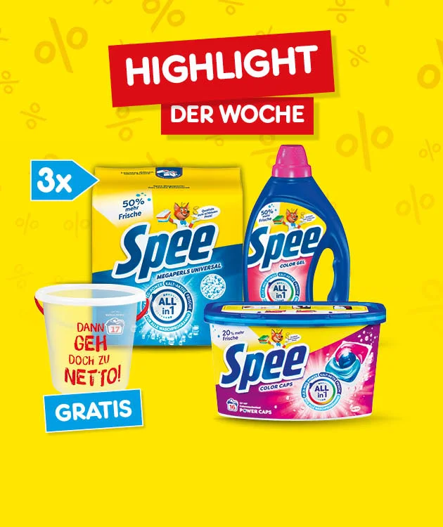 Diese Grafik zeigt auf gelbem Hintergrund mit Prozentzeichen den Schriftzug &bdquo;Highlight der Woche&ldquo;, den Hinweis &bdquo;dreimal&ldquo;, mehrere Produkte der Marke Spee, eine wei&szlig;e Schale als Gratiszugabe und unten den Button &bdquo;Weitere Highlight-Angebote entdecken&ldquo;, der zum Klicken einl&auml;dt.