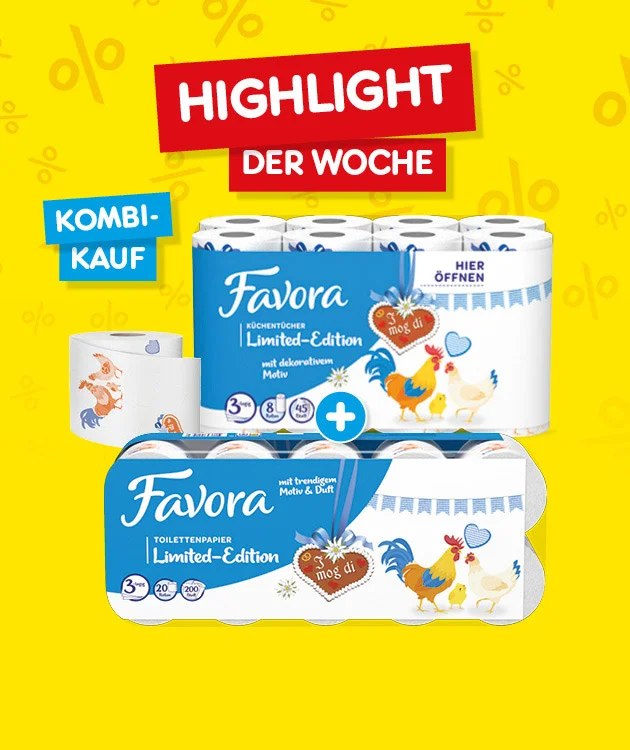 Diese Grafik zeigt auf leuchtend gelbem Hintergrund mit eingestreuten Prozentzeichen ein rotes Schild mit &bdquo;Highlight&ldquo; und darunter &bdquo;der Woche&ldquo;, daneben ein blaues Feld mit &bdquo;Kombi-Pack&ldquo;. In der Mitte sind zwei Favora-Papierprodukte der &bdquo;Limited-Edition&ldquo; mit bunten Entenmotiven zu sehen, dazu eine einzelne Papierrolle und ein blaues Pluszeichen zwischen den Produkten. Ganz unten befindet sich ein wei&szlig;er Button mit roter Umrandung und der Aufschrift &bdquo;Weitere Highlight-Angebote entdecken&ldquo;, der zum Klicken einl&auml;dt.
