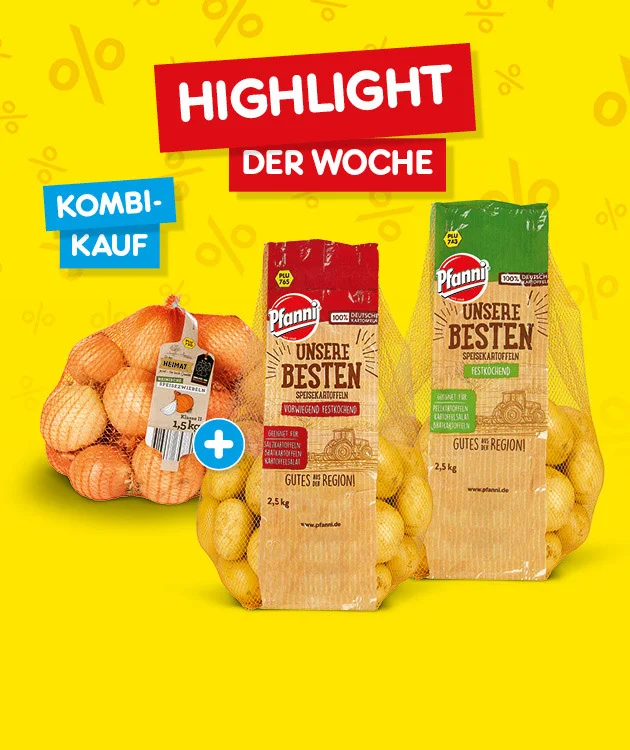 Diese Grafik zeigt auf gelbem Hintergrund mit dezenten Prozentzeichen oben das rote Schild &bdquo;Highlight der Woche&ldquo;, links ein blaues Feld mit &bdquo;Kombi-Kauf&ldquo; sowie einem Netz Zwiebeln neben zwei Beuteln Kartoffeln mit blauem Pluszeichen dazwischen; ganz unten l&auml;dt ein Button mit der Aufschrift &bdquo;Weitere Highlight-Angebote entdecken&ldquo; zum Klicken ein.