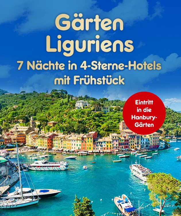7 Nächte in 4-Sterne-Hotels mit Frühstück. Eintritt in die Hanbury-Gärten