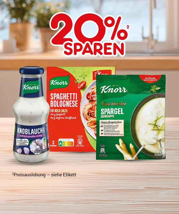 Bild zeigt eine Flasche Knorr Knoblauch Sauce, eine Packung Knorr Spaghetti Bolognese und eine Packung Knorr Spargel Cremesuppe auf einem Holztisch vor einem Fenster. Oben steht &bdquo;Zwanzig Prozent sparen&ldquo; in gro&szlig;en roten Buchstaben. Unten links ist ein Hinweis zur Preisauslobung. Unten befindet sich ein wei&szlig;-roter Button mit der Aufschrift &bdquo;Weitere Sparangebote entdecken&ldquo;, der zum Klicken einl&auml;dt.