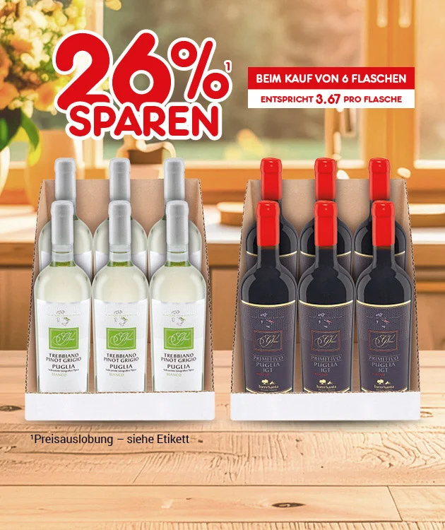 Hintergrund mit Holztisch und unscharfer K&uuml;che. Oben steht gro&szlig; &bdquo;sechsundzwanzig Prozent sparen&ldquo;. Daneben ein roter Hinweis: &bdquo;Beim Kauf von sechs Flaschen, entspricht drei Euro siebenunddrei&szlig;ig pro Flasche&ldquo;. Unten klein: &bdquo;Preisauslobung &ndash; siehe Etikett&ldquo;. In der Mitte stehen sechs Wei&szlig;weinflaschen und sechs Rotweinflaschen jeweils in einem wei&szlig;en Karton. Unten ein wei&szlig;er Button mit rotem Rand &bdquo;Hier Auswahl entdecken&ldquo;, der zum Klicken einl&auml;dt.