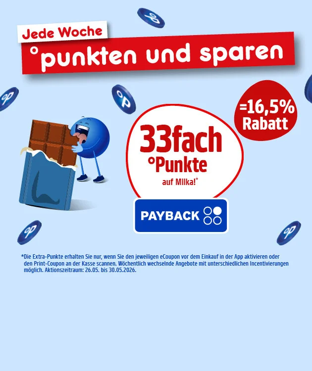 Diese Grafik zeigt eine hellblaue PAYBACK‑Aktionsgrafik von Netto mit mehreren fliegenden blauen PAYBACK‑Punkten im Hintergrund. Oben links steht &bdquo;Jede Woche&ldquo;, daneben auf rotem Banner &bdquo;punkten und sparen&ldquo;. Links ist ein blauer Pointee zu sehen, der fr&ouml;hlich eine Tafel Schokolade in den H&auml;nden h&auml;lt. In der Mitte steht in einem gro&szlig;en Kreis &bdquo;dreiunddrei&szlig;igfach Punkte auf Milka&ldquo; mit Sternchenhinweis, rechts in einem roten Kreis &bdquo;minus sechzehn Komma f&uuml;nf Prozent Rabatt&ldquo;, darunter das PAYBACK‑Logo. Unten steht der Sternchentext: &bdquo;Die Extra‑Punkte erhalten Sie nur, wenn Sie den jeweiligen eCoupon vor dem Einkauf in der App aktivieren oder den Print‑Coupon an der Kasse scannen. W&ouml;chentlich wechselnde Angebote mit unterschiedlichen Incentivierungen m&ouml;glich. Aktionszeitraum: sechsundzwanzigster f&uuml;nfter bis drei&szlig;igster f&uuml;nfter zweitausendsechsundzwanzig.&ldquo; Ganz unten befindet sich ein Button &bdquo;Hier mehr erfahren&ldquo;, der zum Klicken einl&auml;dt.