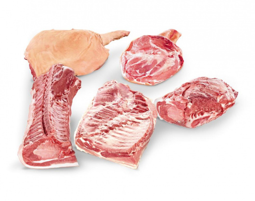 Halbes Schwein ohne Kopf, grob zerlegt 